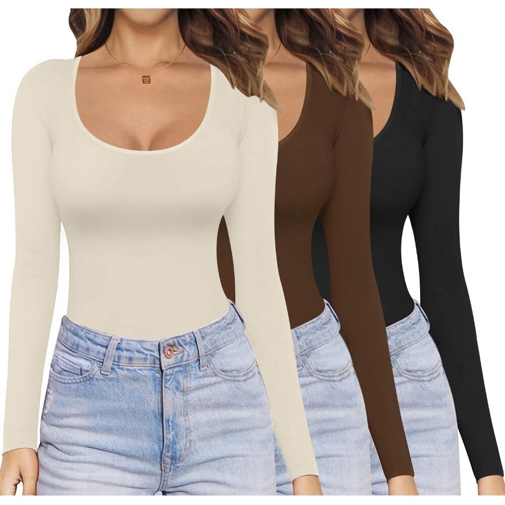 Women's Long Sleeve Thermal Tops 3 Pack Fitted Scoop Neck Lightweigh